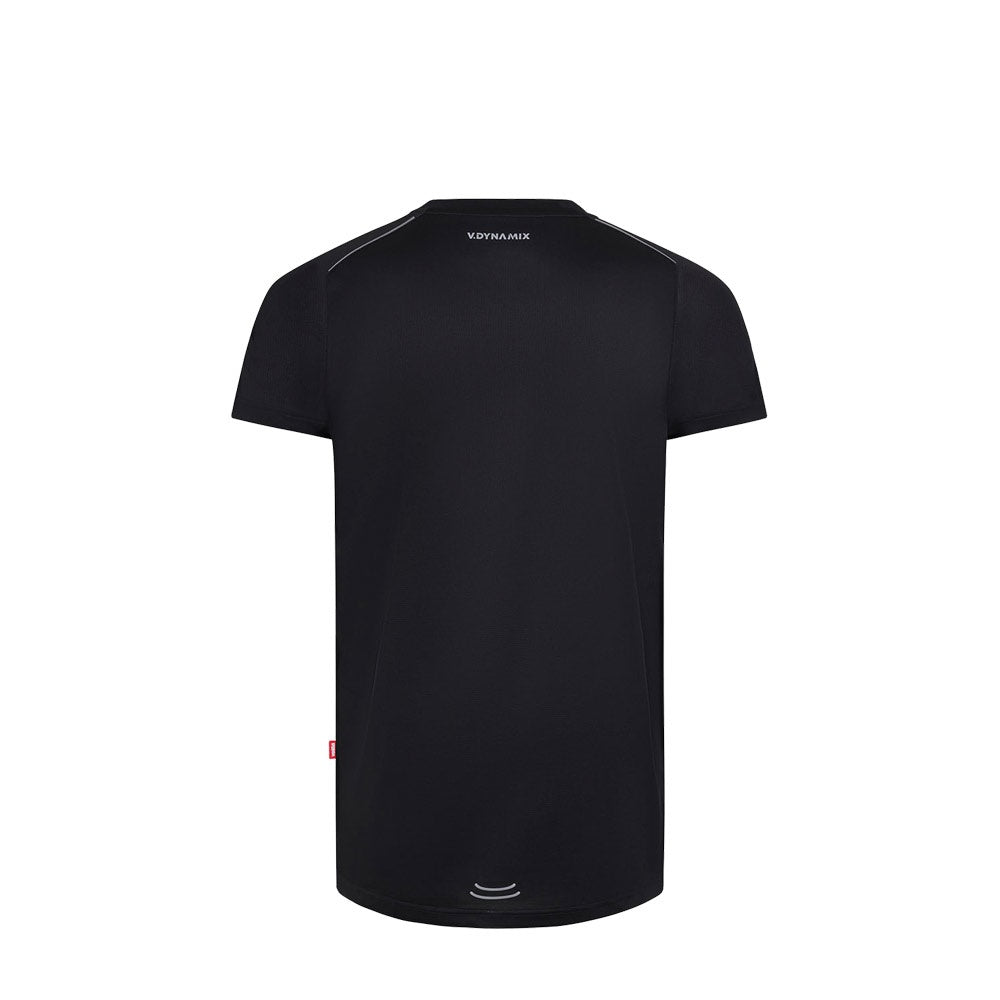 VL RHEA promotional t-shirt in black (detail view) with custom logo branding