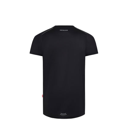 VL RHEA promotional t-shirt in black (detail view) with custom logo branding