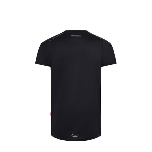 VL RHEA promotional t-shirt in black (detail view) with custom logo branding