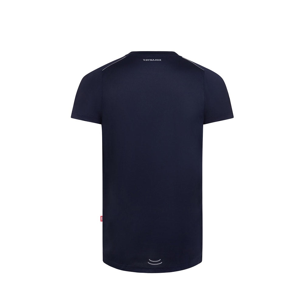 VL RHEA promotional t-shirt in navy blue (detail view) with custom logo branding