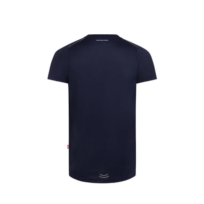 VL RHEA promotional t-shirt in navy blue (detail view) with custom logo branding