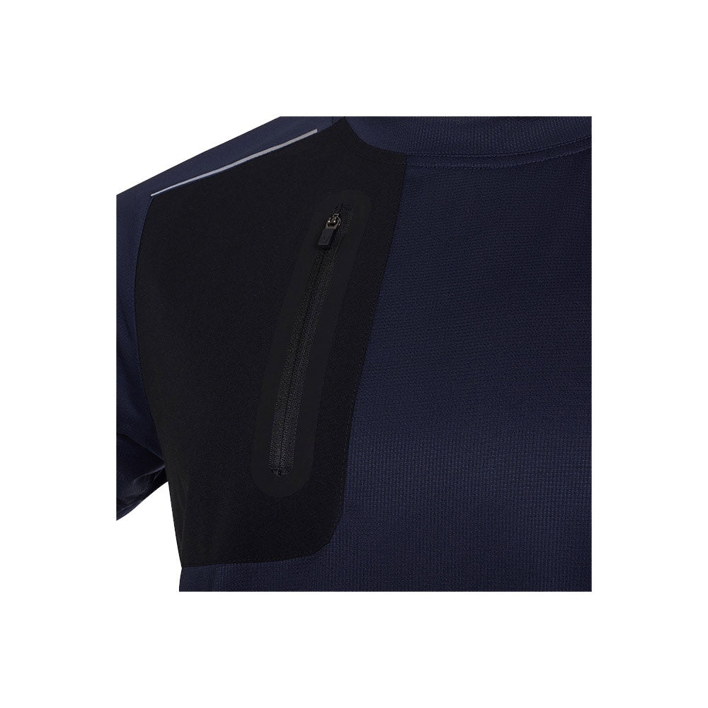 VL RHEA promotional t-shirt in navy blue (detail view) with custom logo branding