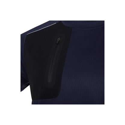 VL RHEA promotional t-shirt in navy blue (detail view) with custom logo branding