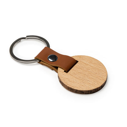 Stamina MARBEL Natural wood and PU keyring in round - promotional merchandise printed with your company logo