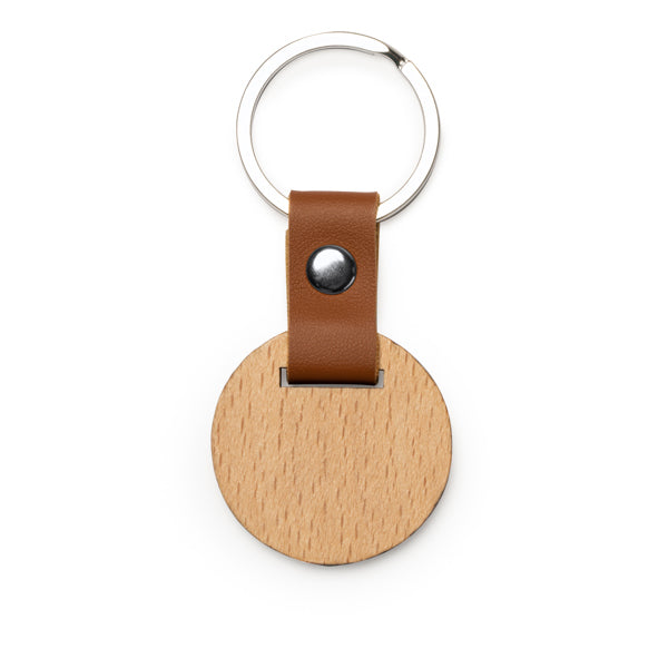 Stamina MARBEL Natural wood and PU keyring in round - promotional merchandise printed with your company logo
