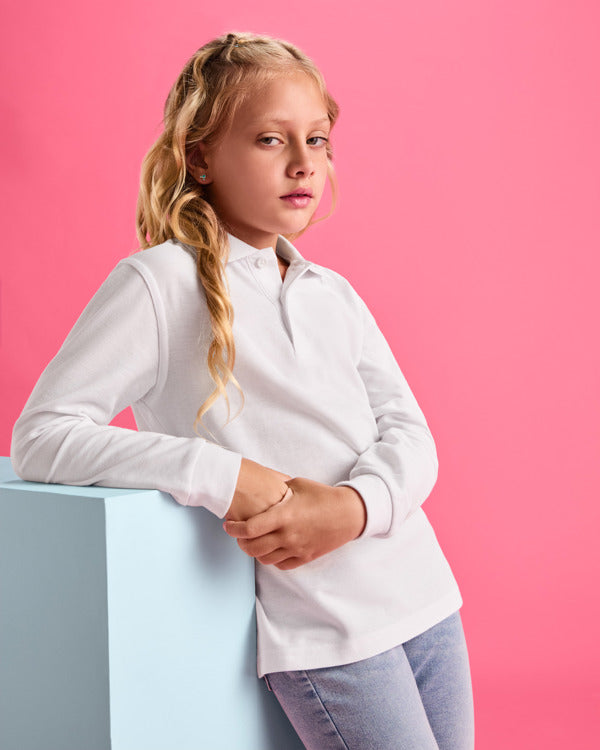 ROLY CARPE CHILD Kids' long-sleeve polo shirt in white - promotional clothing printed with your company logo