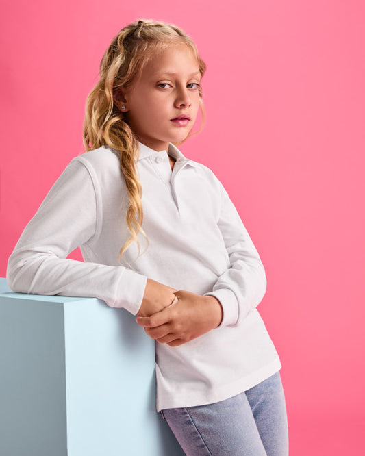 ROLY CARPE CHILD Kids' long-sleeve polo shirt in white - promotional clothing printed with your company logo