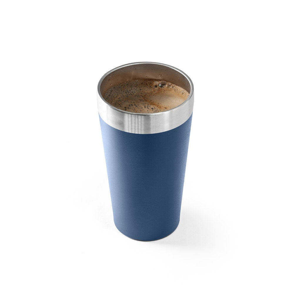 GRACE promotional travel cup in navy blue (detail view) with custom logo branding