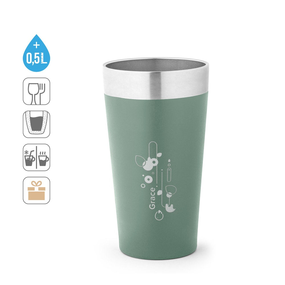 GRACE promotional travel cup (complete set view) with custom logo branding