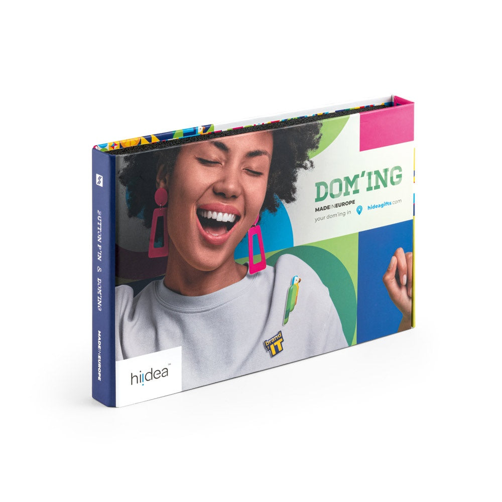 PIN & DOMING SHOWCASE promotional event giveaway in assorted (detail view) with custom logo branding