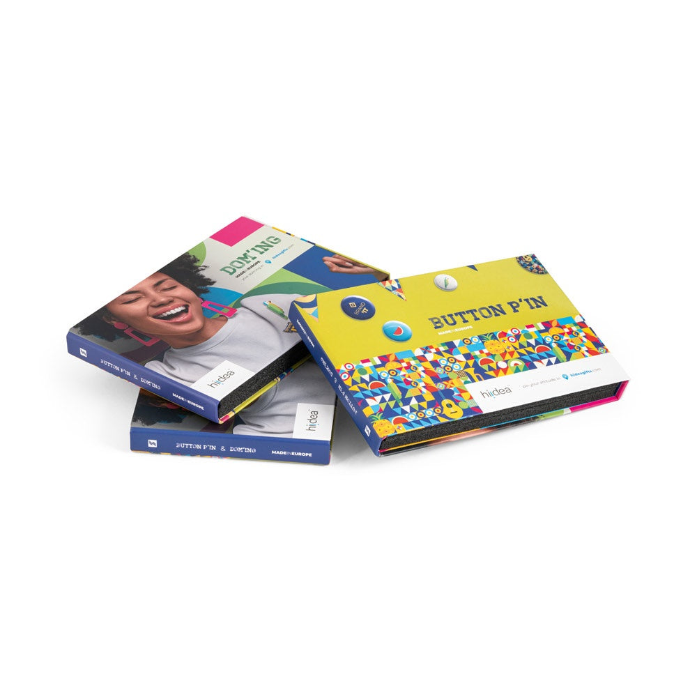PIN & DOMING SHOWCASE promotional event giveaway in assorted (detail view) with custom logo branding