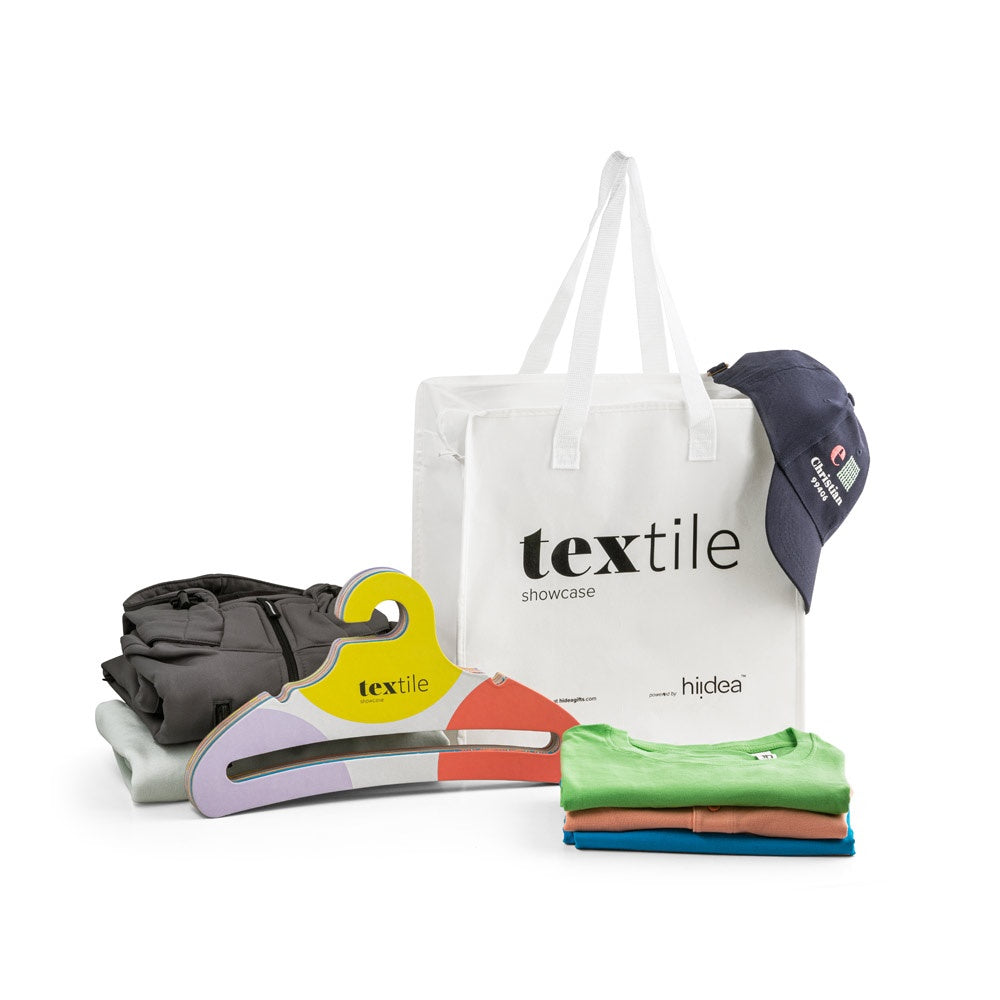 TEXTILE SHOWCASE promotional event giveaway in assorted (detail view) with custom logo branding