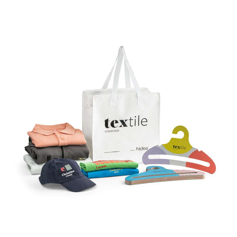 TEXTILE SHOWCASE promotional event giveaway (complete set view) with custom logo branding