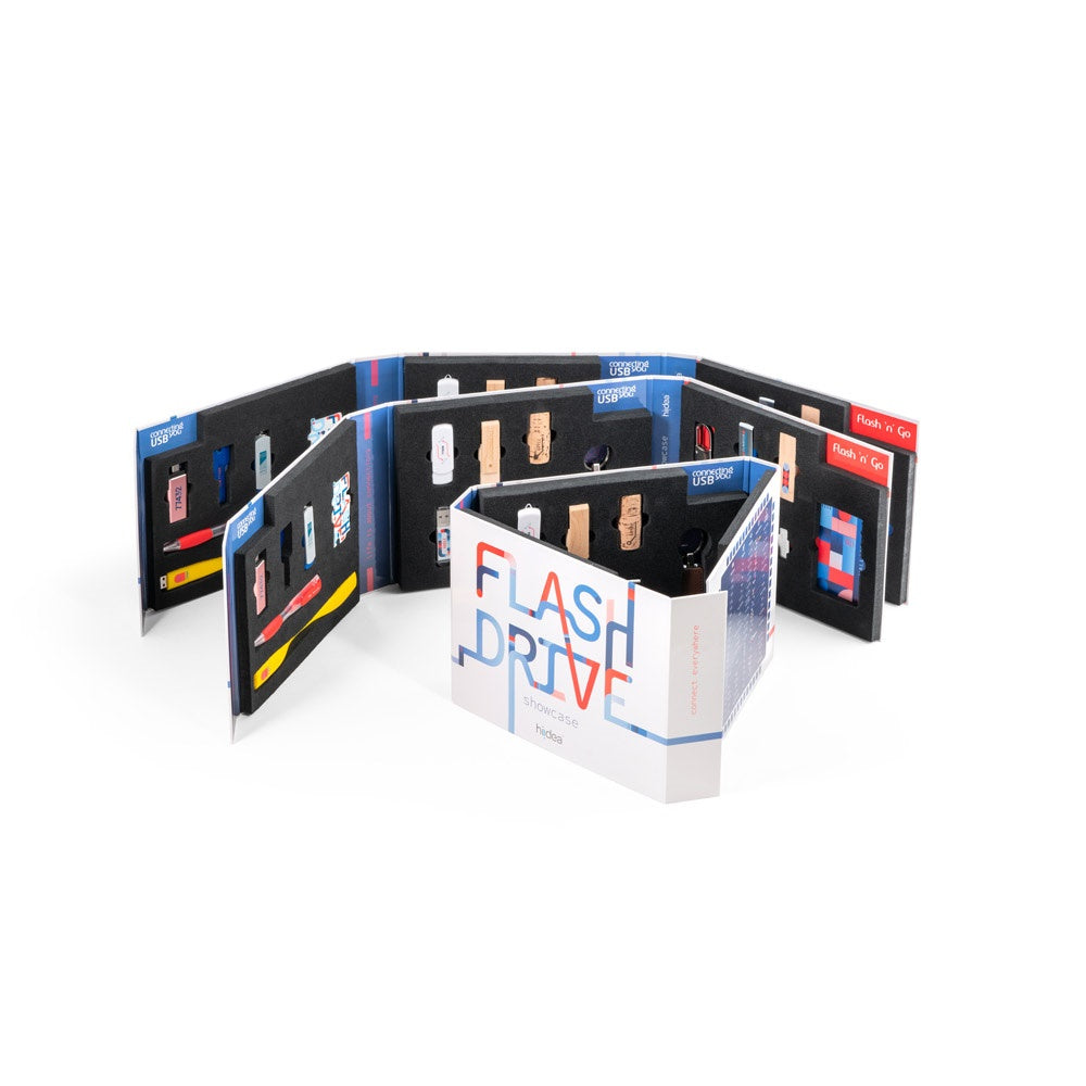 FLASH DRIVE SHOWCASE promotional USB drive (complete set view) with custom logo branding
