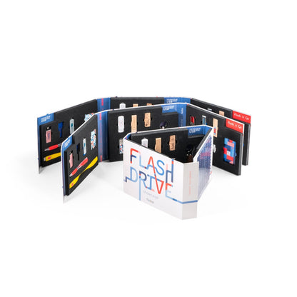 FLASH DRIVE SHOWCASE promotional USB drive (complete set view) with custom logo branding