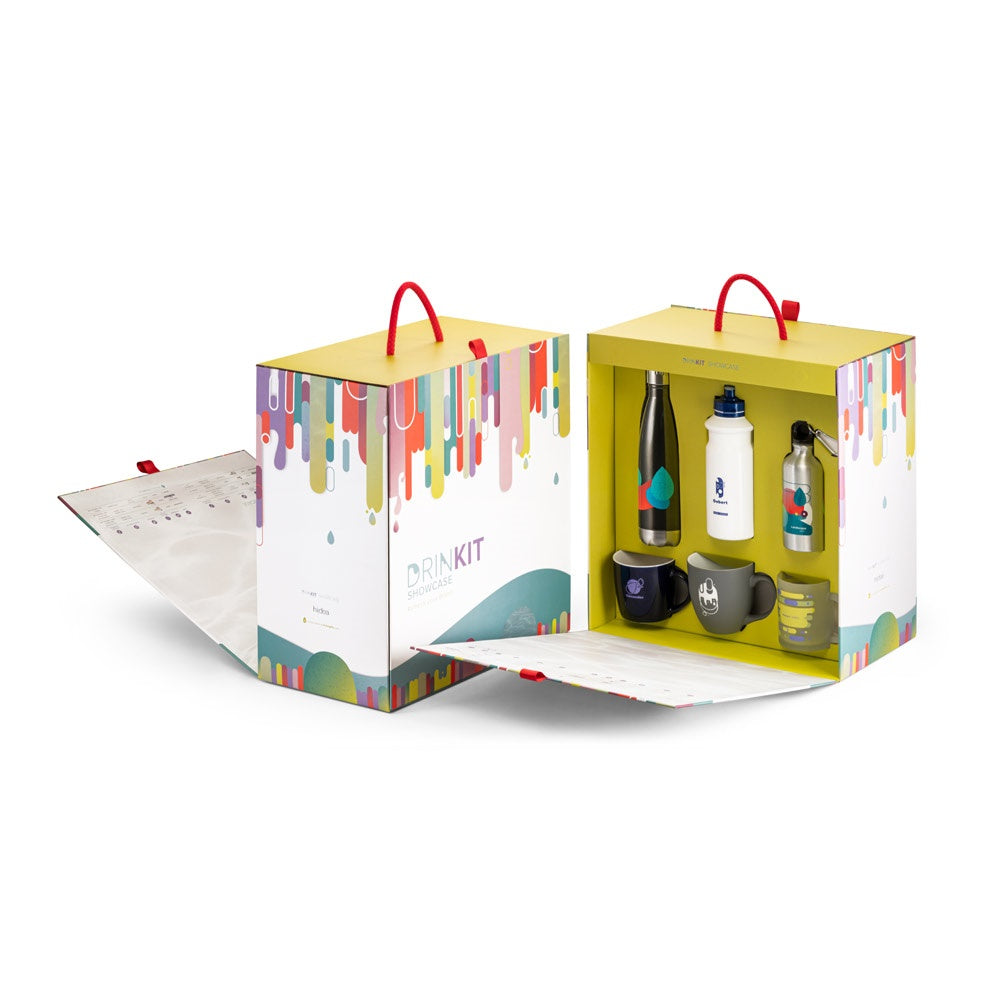 DRINKIT SHOWCASE promotional bottle (complete set view) with custom logo branding