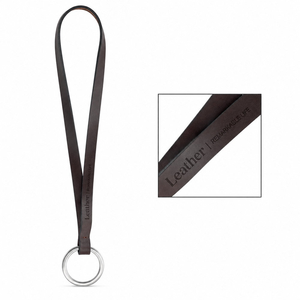 Printed sample of Lanyard LEATHER Short Slim (10 mm) promotional lanyard in brown with custom logo branding