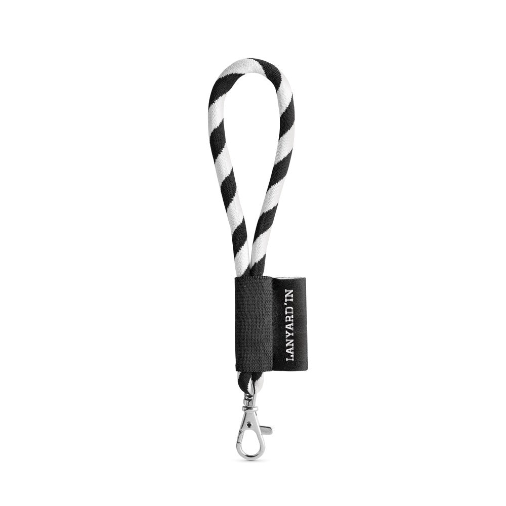 SET Lanyard TUBE Short (Ø 7 mm) with Hook Trigger Snap 9 mm promotional lanyard in black/white with custom logo branding