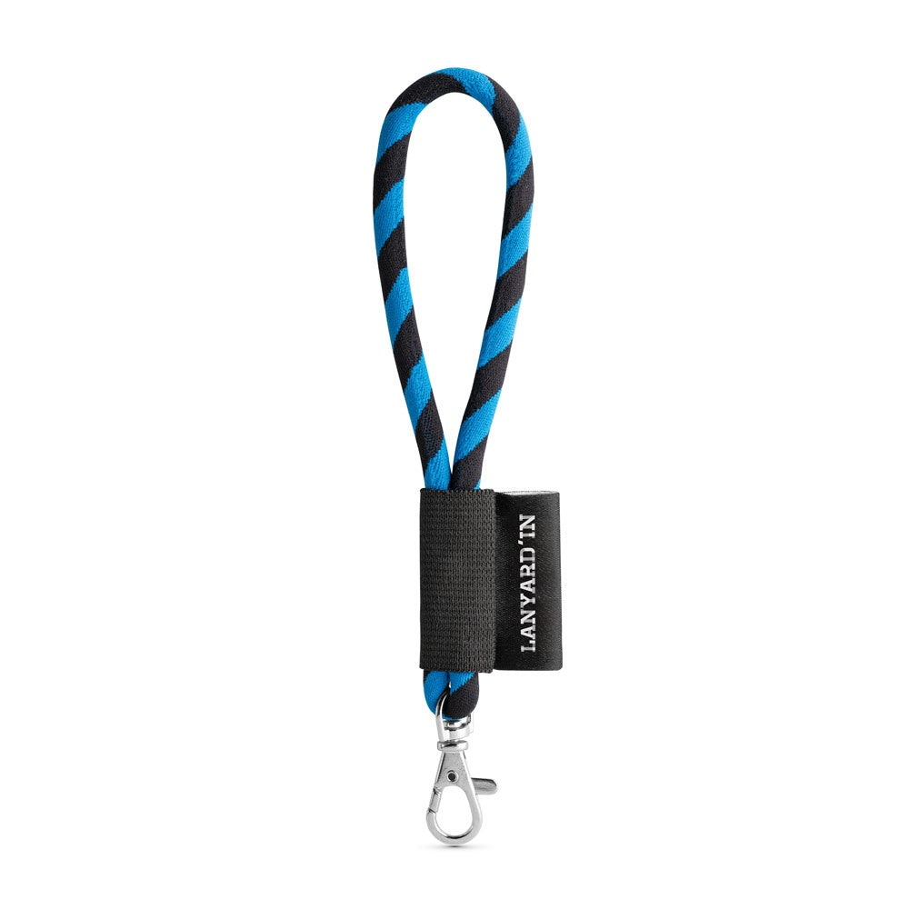 SET Lanyard TUBE Short (Ø 7 mm) with Hook Trigger Snap 9 mm promotional lanyard in black/royal blue with custom logo branding