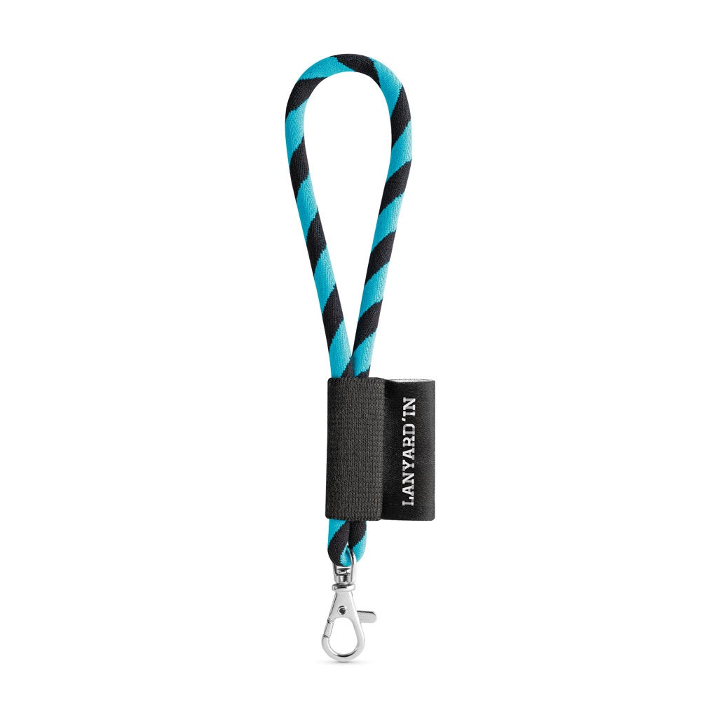 SET Lanyard TUBE Short (Ø 7 mm) with Hook Trigger Snap 9 mm promotional lanyard in 353 - black/light blue with custom logo