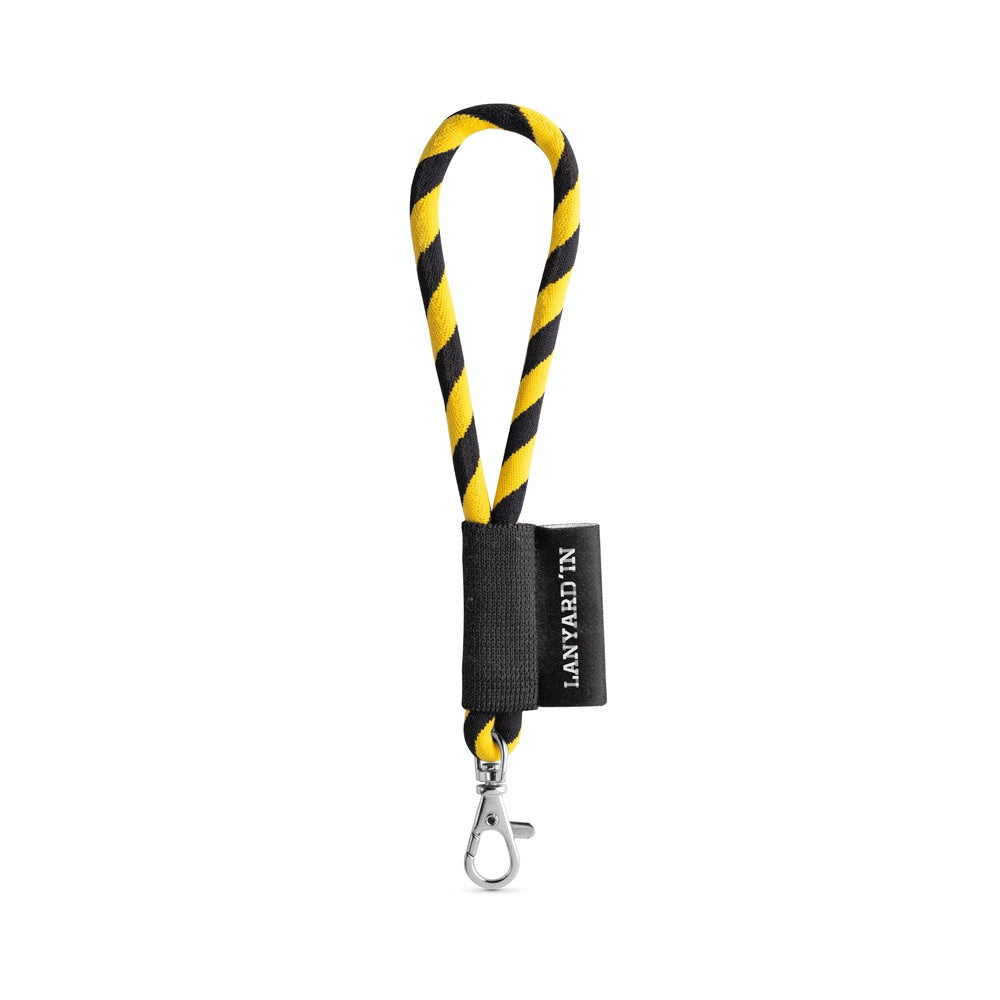 SET Lanyard TUBE Short (Ø 7 mm) with Hook Trigger Snap 9 mm promotional lanyard in black/yellow with custom logo branding