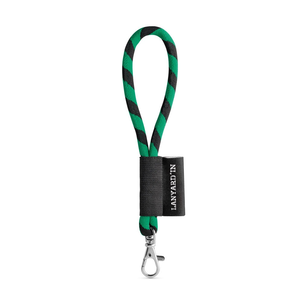 SET Lanyard TUBE Short (Ø 7 mm) with Hook Trigger Snap 9 mm promotional lanyard in black/green with custom logo branding