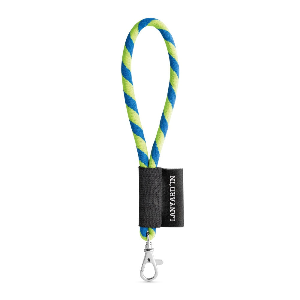 SET Lanyard TUBE Short (Ø 7 mm) with Hook Trigger Snap 9 mm promotional lanyard in hexachrome yellow/royal blue with custom