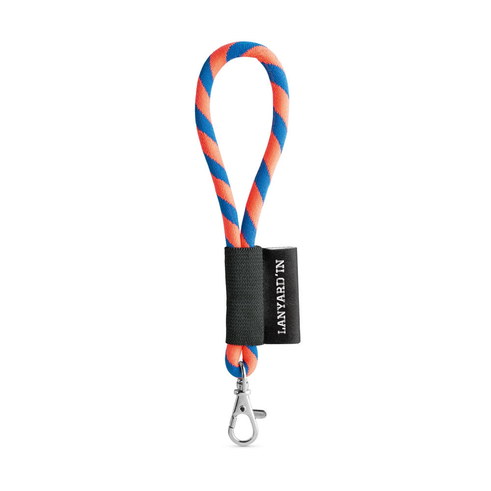 SET Lanyard TUBE Short (Ø 7 mm) with Hook Trigger Snap 9 mm promotional lanyard in hexachrome orange/royal blue with custom