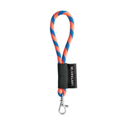 SET Lanyard TUBE Short (Ø 7 mm) with Hook Trigger Snap 9 mm promotional lanyard in hexachrome orange/royal blue with custom