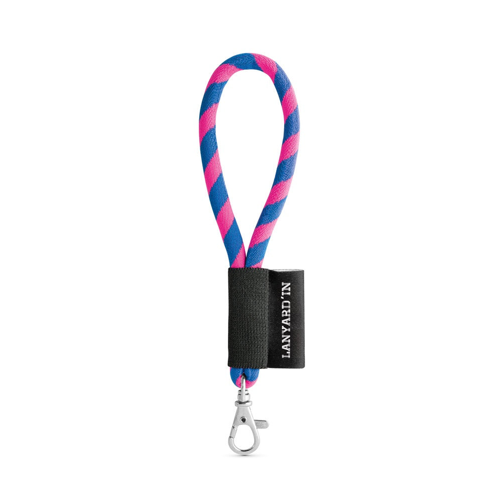 SET Lanyard TUBE Short (Ø 7 mm) with Hook Trigger Snap 9 mm promotional lanyard in hexachrome pink/royal blue with custom