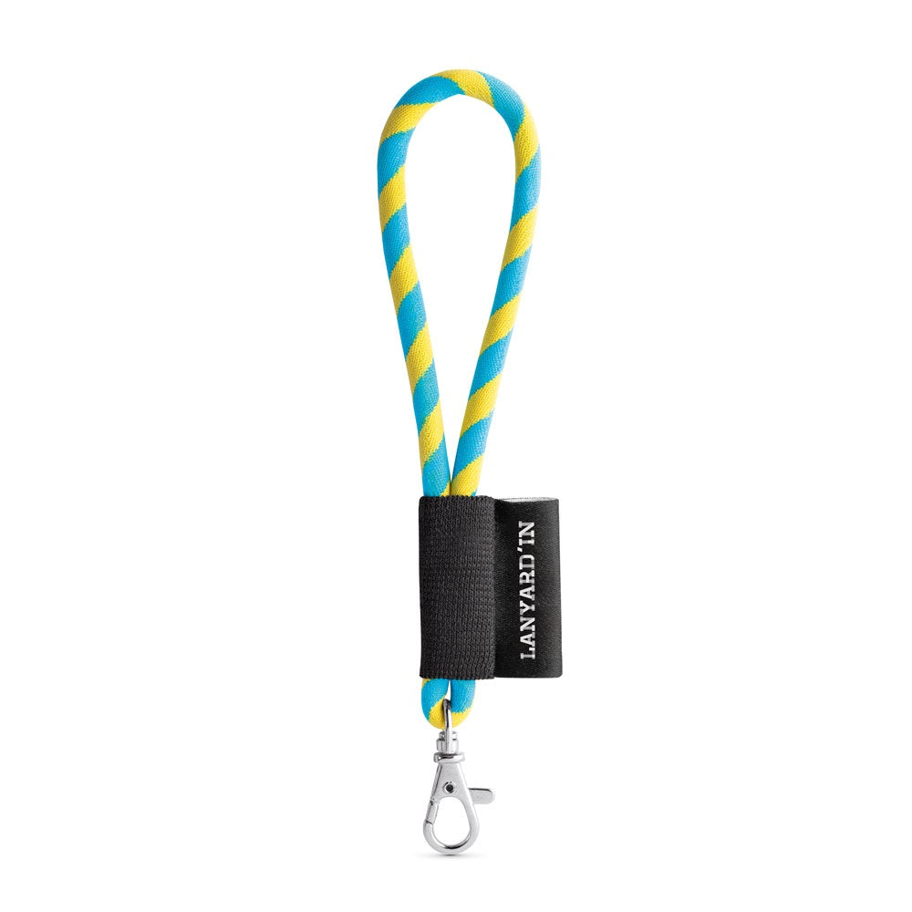SET Lanyard TUBE Short (Ø 7 mm) with Hook Trigger Snap 9 mm promotional lanyard in yellow/light blue with custom logo