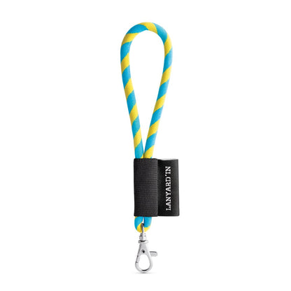 SET Lanyard TUBE Short (Ø 7 mm) with Hook Trigger Snap 9 mm promotional lanyard in yellow/light blue with custom logo