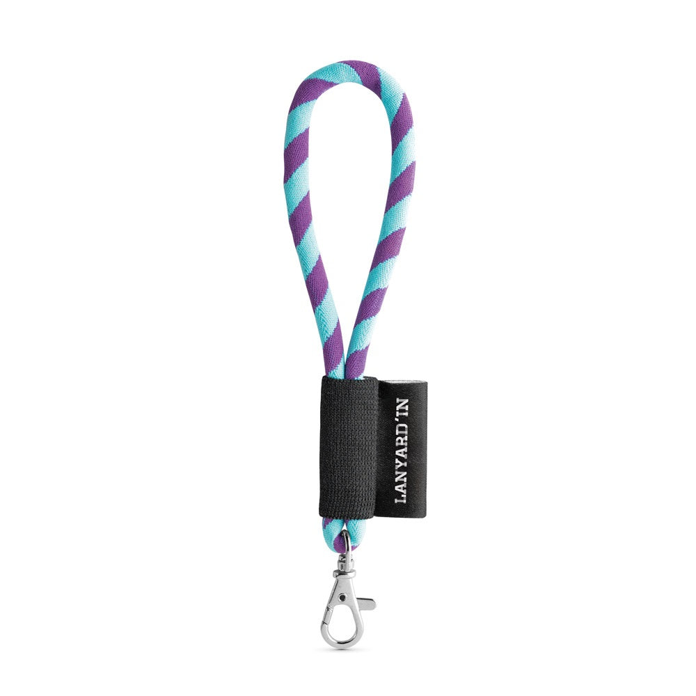 SET Lanyard TUBE Short (Ø 7 mm) with Hook Trigger Snap 9 mm promotional lanyard in purple/light blue with custom logo