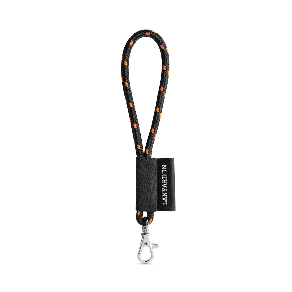 SET Lanyard NAUTIC Short (Ø 7 mm) with Hook Trigger Snap 9 mm promotional lanyard in black/orange with custom logo branding