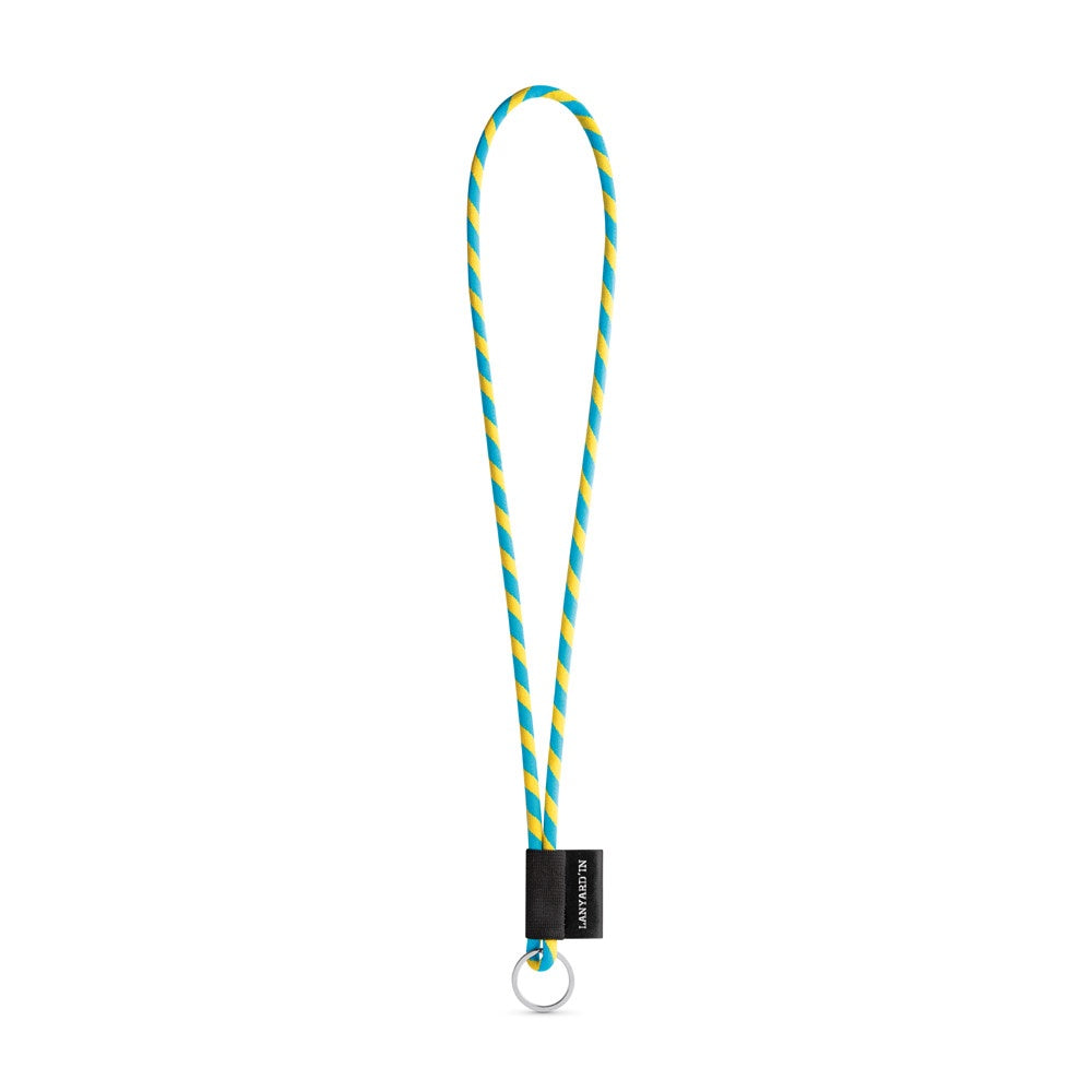 SET Lanyard TUBE Long (Ø 7 mm) with Ring Ø 32 mm promotional lanyard in yellow/light blue with custom logo branding