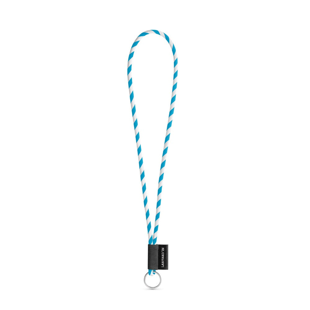 SET Lanyard TUBE Long (Ø 7 mm) with Ring Ø 32 mm promotional lanyard in white/light blue with custom logo branding
