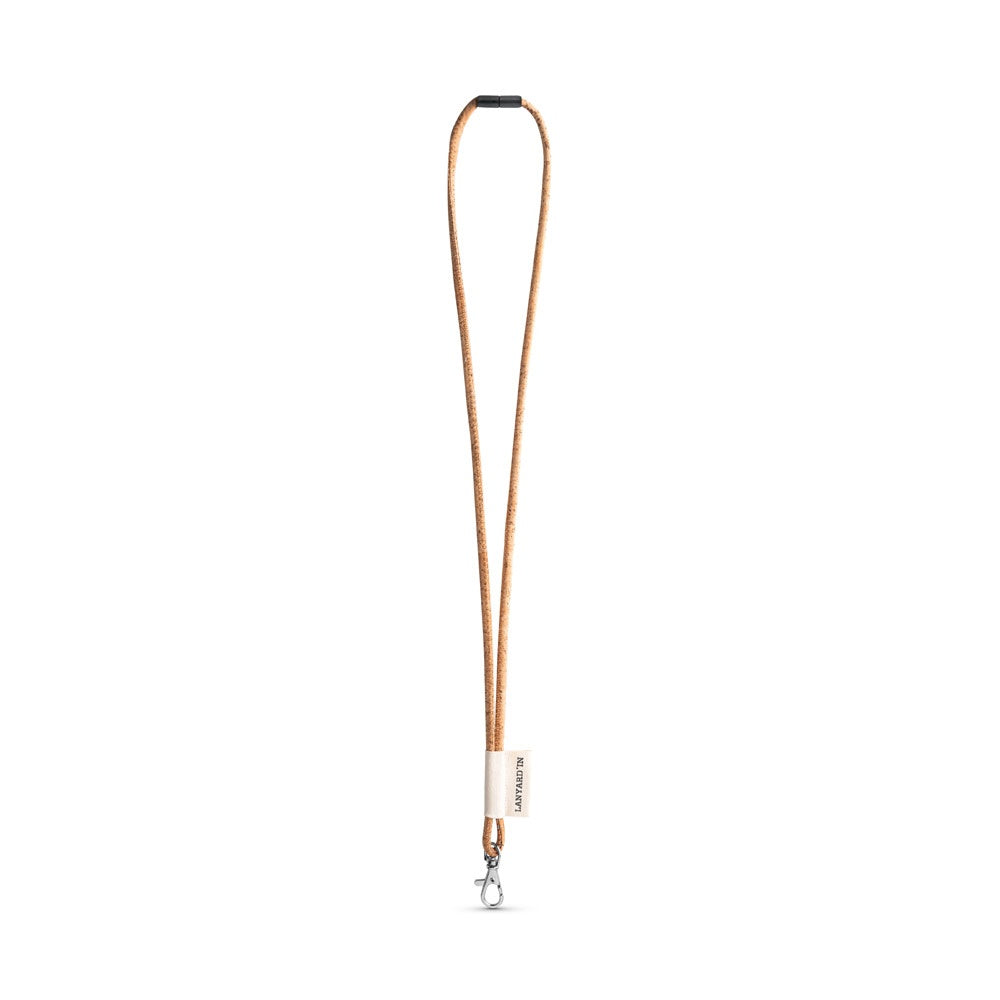SET Lanyard CORK Long (Ø 5 mm) with Hook Trigger Snap 9 mm and safety lock Ø 5 mm promotional lanyard (complete set view)