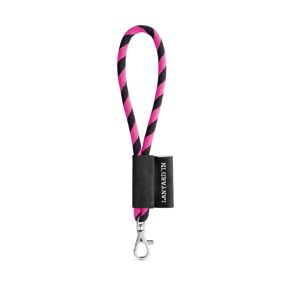 SET Lanyard TUBE Short (Ø 7 mm) with Hook Trigger Snap 9 mm promotional lanyard in black/pink with custom logo branding