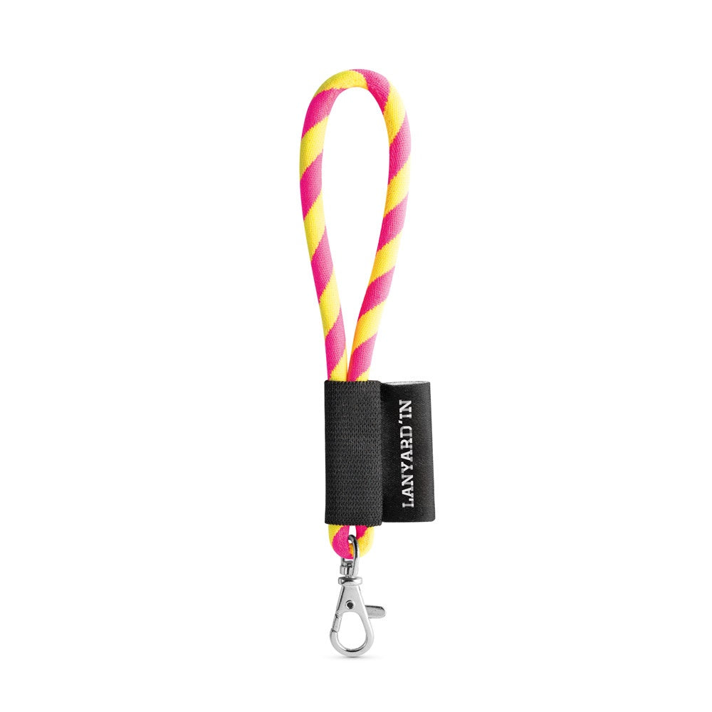 SET Lanyard TUBE Short (Ø 7 mm) with Hook Trigger Snap 9 mm promotional lanyard in hexachrome yellow/hexachrome pink with