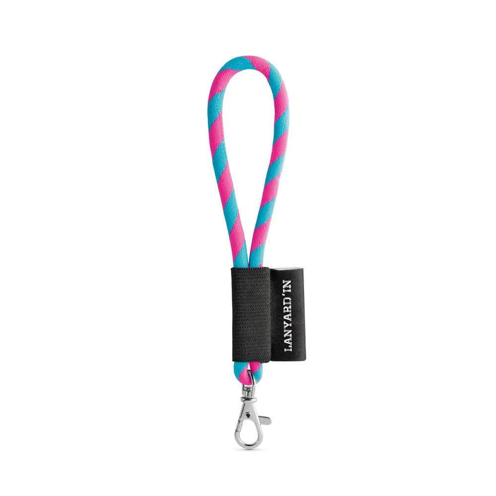 SET Lanyard TUBE Short (Ø 7 mm) with Hook Trigger Snap 9 mm promotional lanyard in hexachrome pink/light blue with custom