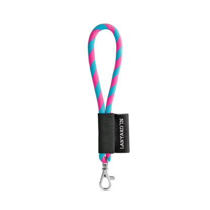 SET Lanyard TUBE Short (Ø 7 mm) with Hook Trigger Snap 9 mm promotional lanyard in hexachrome pink/light blue with custom