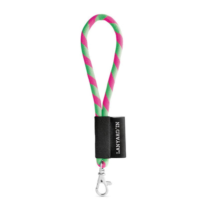SET Lanyard TUBE Short (Ø 7 mm) with Hook Trigger Snap 9 mm promotional lanyard in hexachrome green/hexachrome pink with