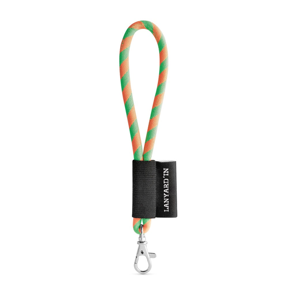 SET Lanyard TUBE Short (Ø 7 mm) with Hook Trigger Snap 9 mm promotional lanyard in hexachrome green/orange with custom logo