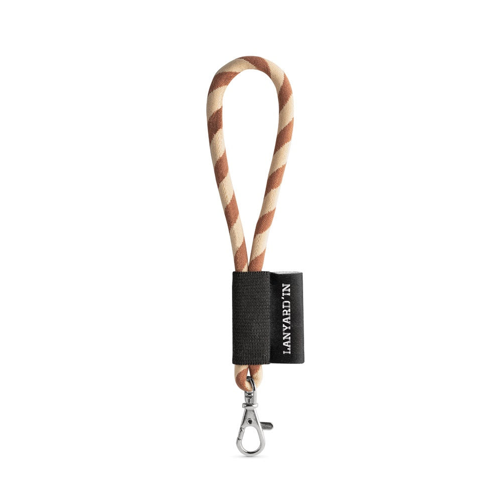 SET Lanyard TUBE Short (Ø 7 mm) with Hook Trigger Snap 9 mm promotional lanyard in brown/beige with custom logo branding