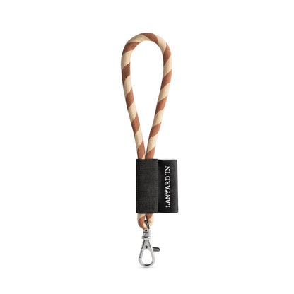 SET Lanyard TUBE Short (Ø 7 mm) with Hook Trigger Snap 9 mm promotional lanyard in brown/beige with custom logo branding