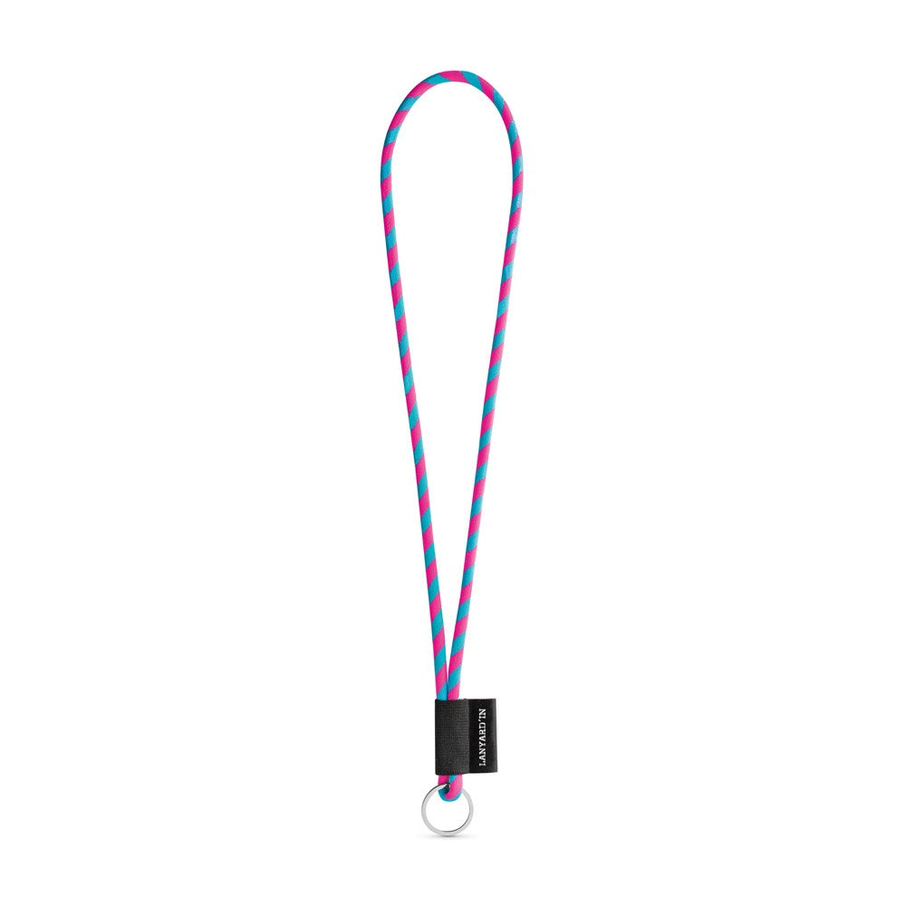 SET Lanyard TUBE Long (Ø 7 mm) with Ring Ø 32 mm promotional lanyard in hexachrome pink/light blue with custom logo branding