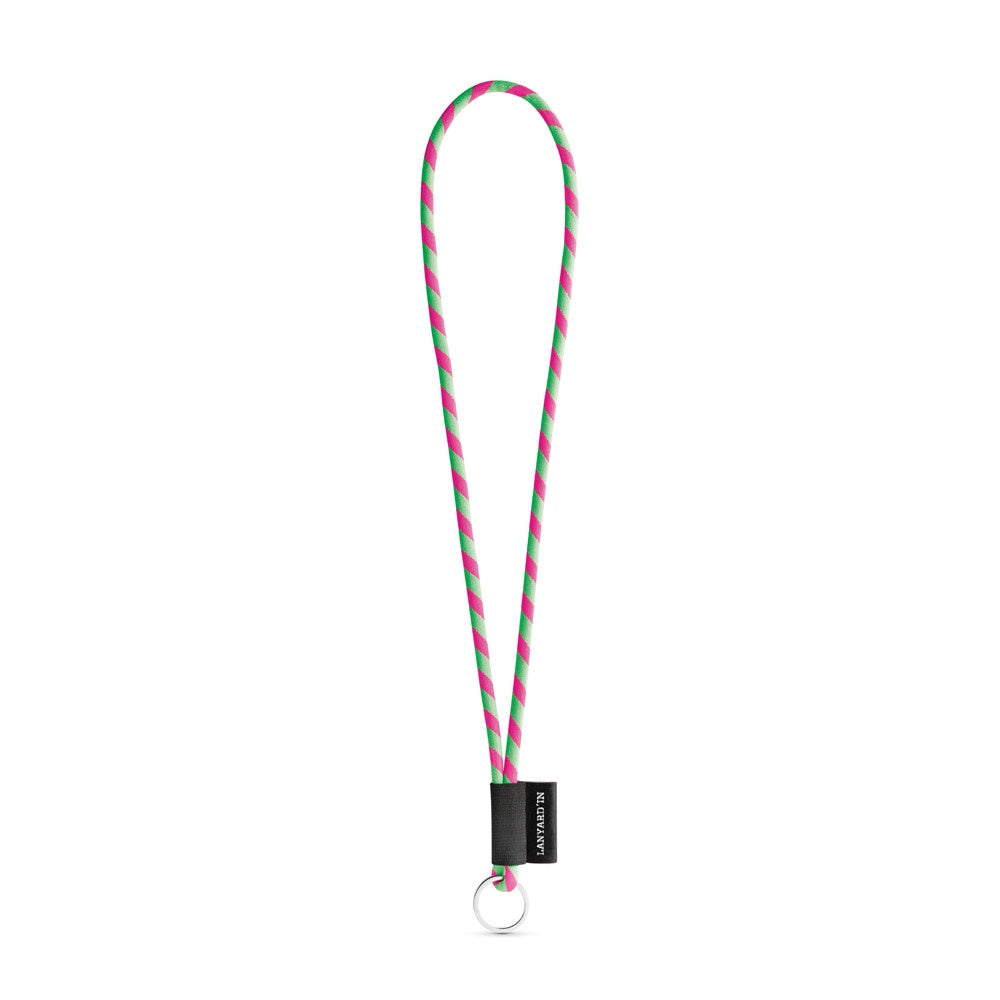 SET Lanyard TUBE Long (Ø 7 mm) with Ring Ø 32 mm promotional lanyard in hexachrome green/hexachrome pink with custom logo