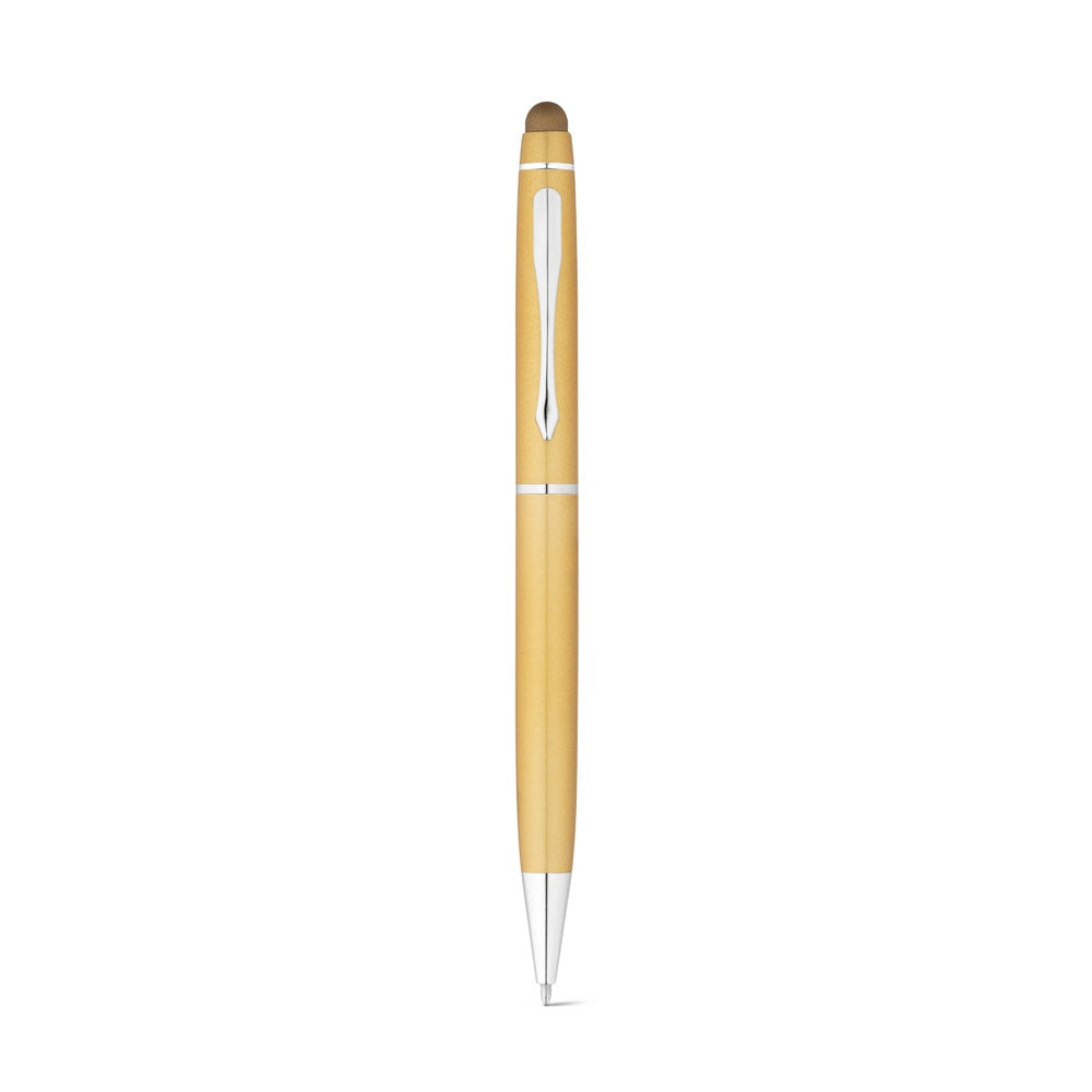 JULIE promotional pen in satin gold (detail view) with custom logo branding