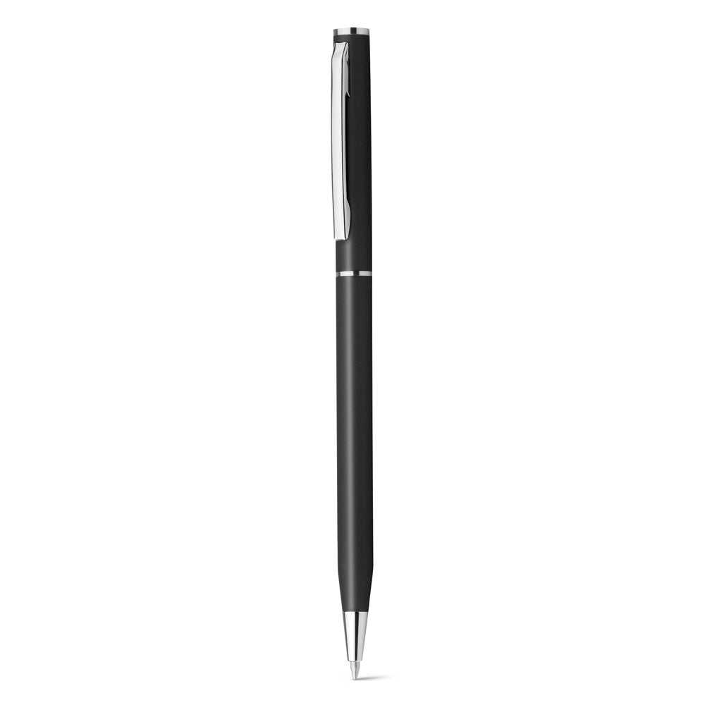 LESLEY METALLIC promotional pen in black (detail view) with custom logo branding