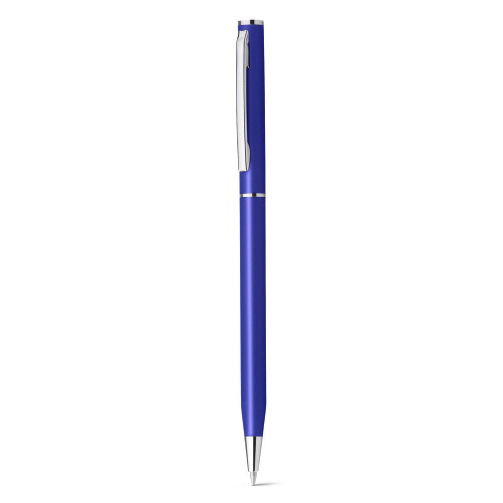 LESLEY METALLIC promotional pen in blue (detail view) with custom logo branding
